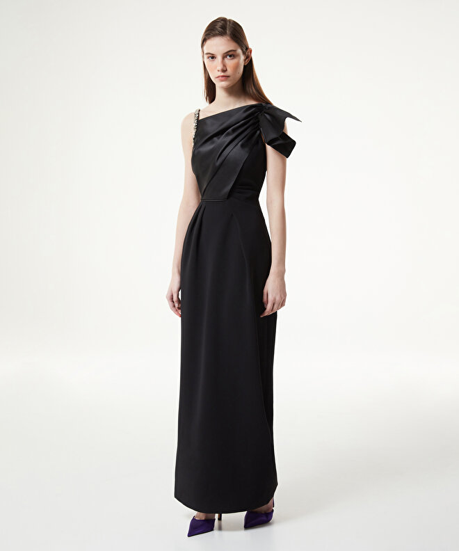 İpek Elbise Modelleri-Kadın Lacivert İtalyan Omuz Dantel İpek Elbise-50.01  TL İndirimde.