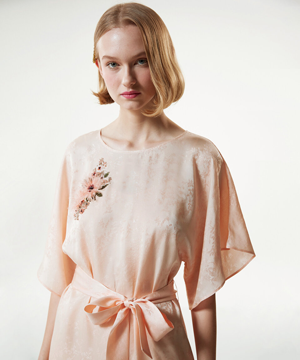 Machka - Çiçek modül işlemeli jakarlı elbise